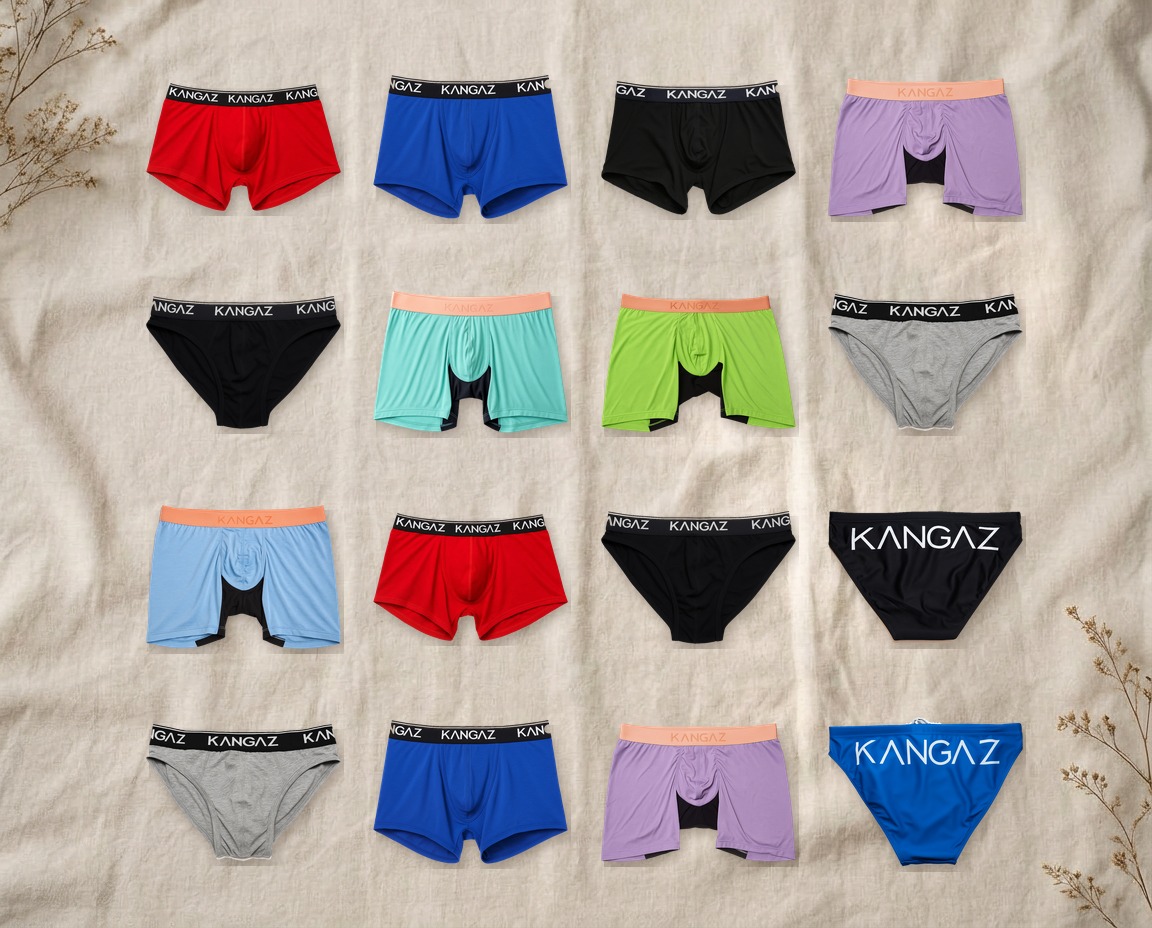 A drawer of folded KANGAZ underwear in assorted colours